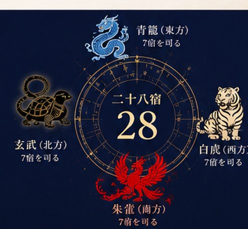 二十八宿と四神（青龍・玄武・白虎・朱雀）の図